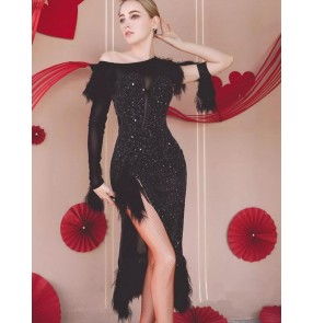 Women black feather latin dance dresses slant neck side slit salsa rumba chacha performance latin costumes long skirts